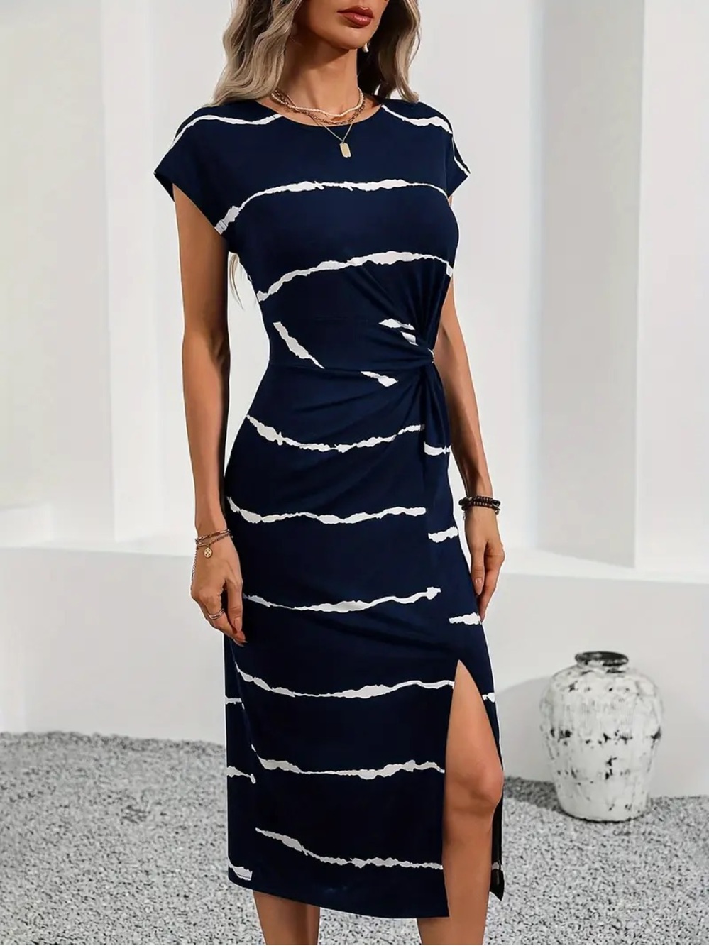 Navy & White Side-Twist Midi Dress Sz M
